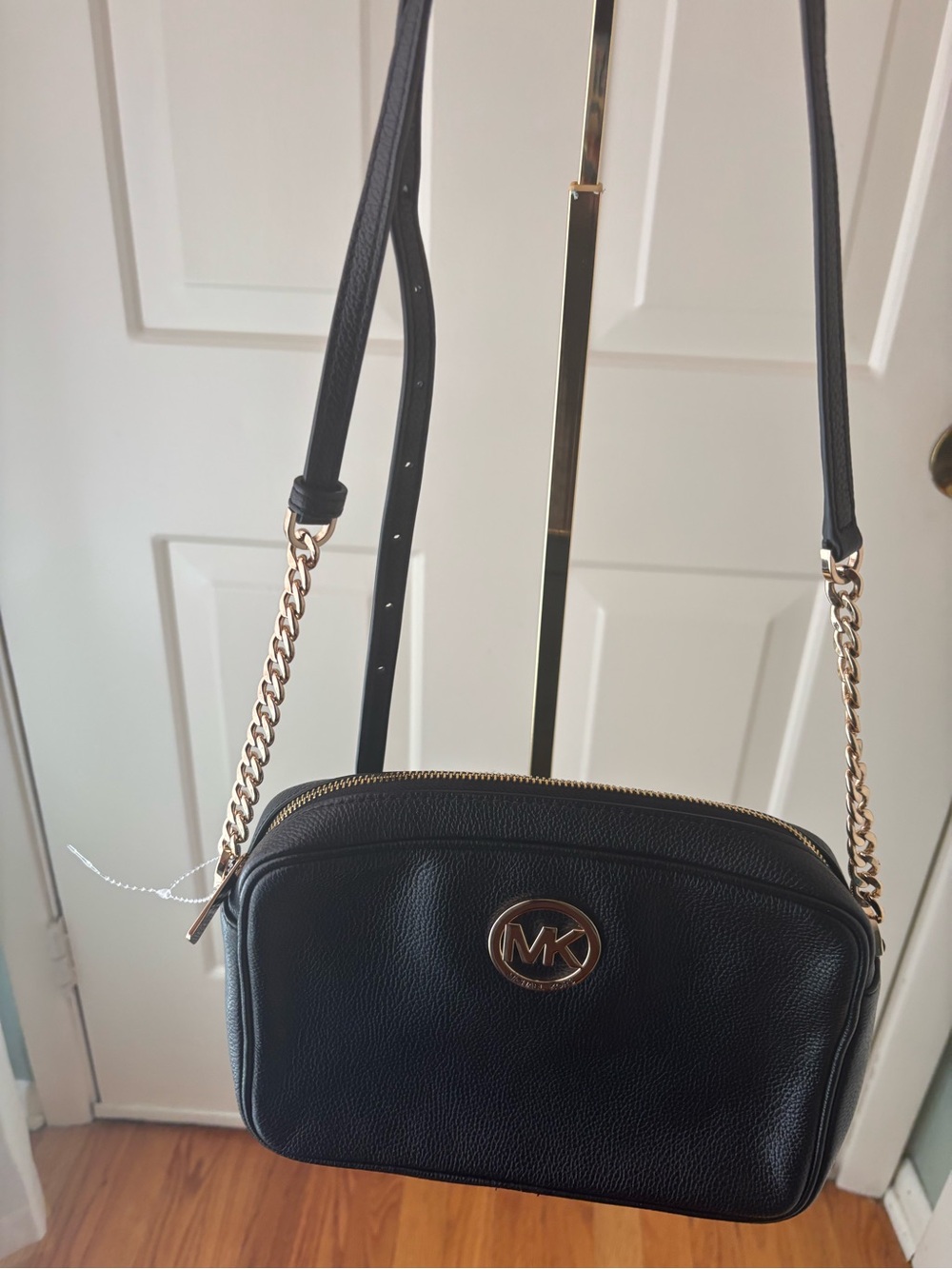 Michael Kors Black Pebbled Leather Chain Crossbody with Gold MK Logo